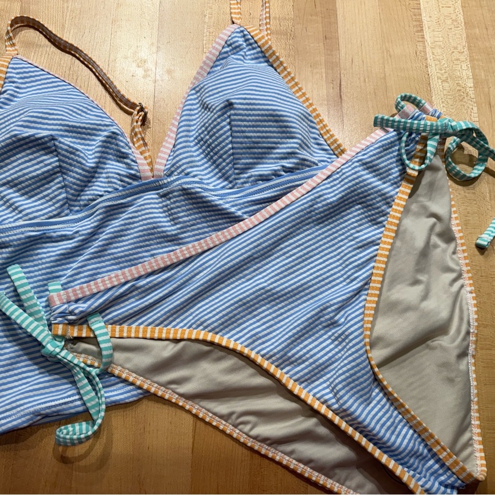 Cupshe Blue and White Striped Bikini Set with Multicolor Trim